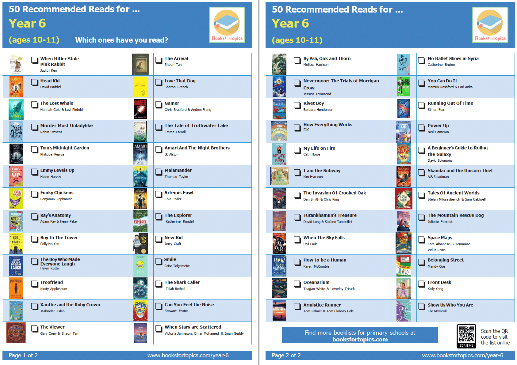 y6 recommended reading list checklist