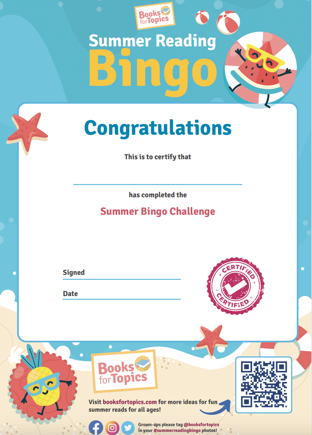 Summer Reading Bingo certificate